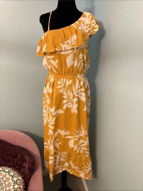 Old Navy One-Shoulder Mustard Yellow Floral Midi Dress